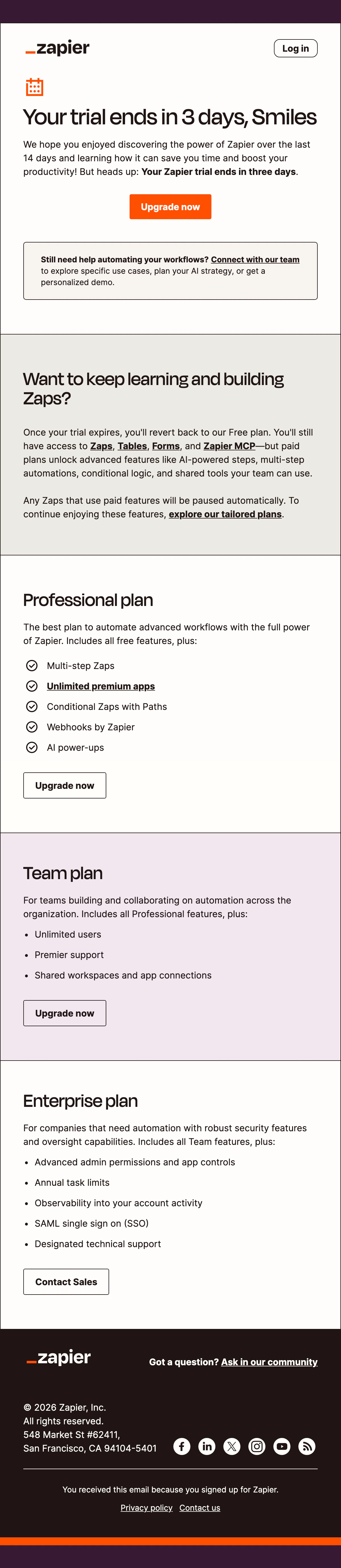 The Zapier email as Zapier sent it, with no countdown in it