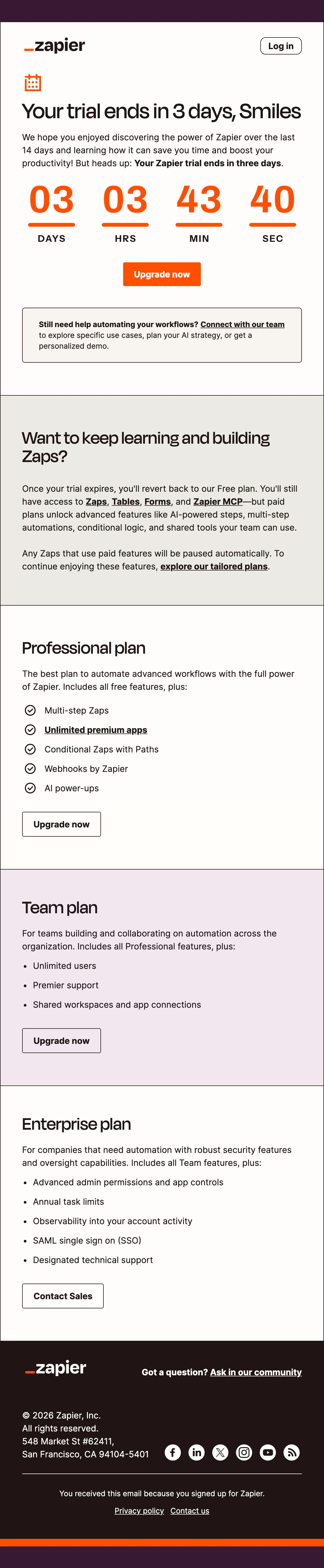 The Zapier trial email with an orange countdown on warm white between the intro and the Upgrade now button.