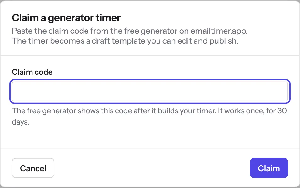 The Claim a generator timer dialog, with a Claim code field and Cancel and Claim buttons