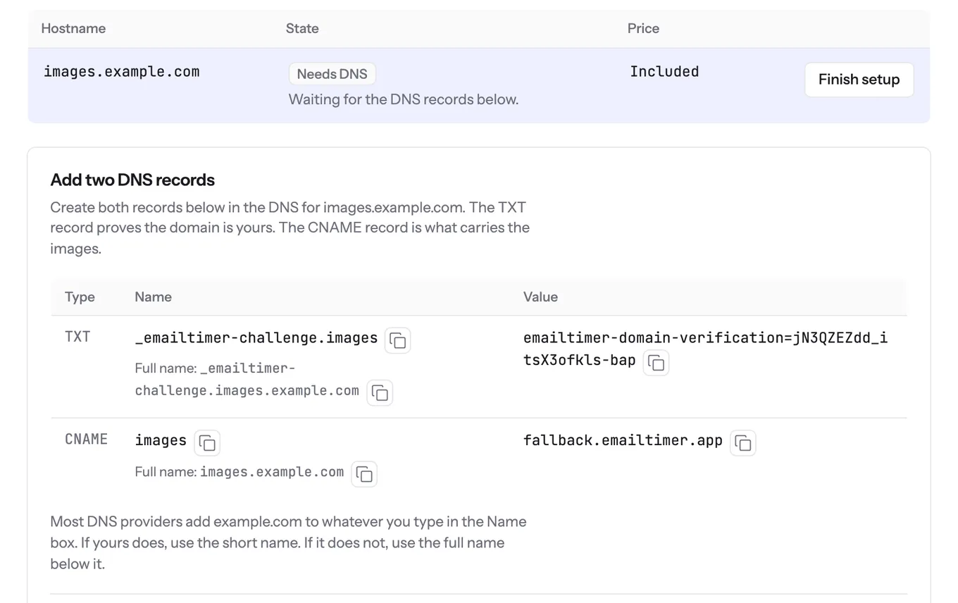 The Custom domains screen after adding images.example.com: the hostname marked Needs DNS, and a TXT and a CNAME record to create, each with its short name, full name, value and a copy button