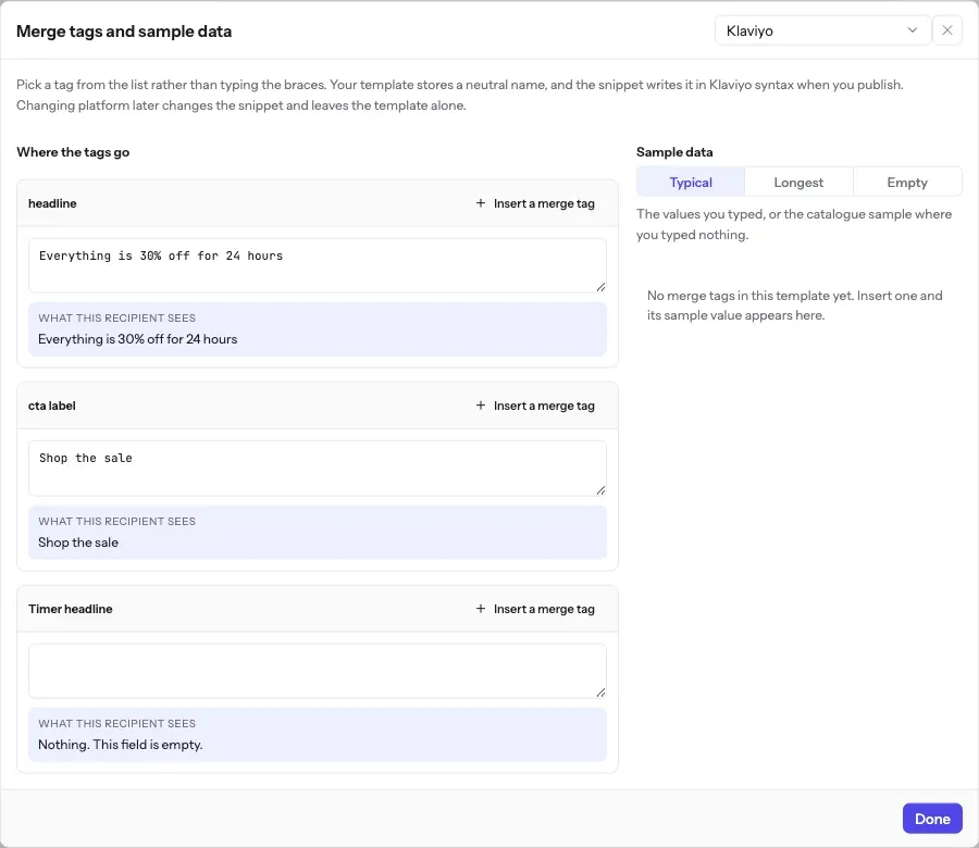 The Merge tags and sample data panel in the editor, set to Klaviyo, with a field per text layer, what the recipient sees under each, and Typical, Longest and Empty sample data tabs