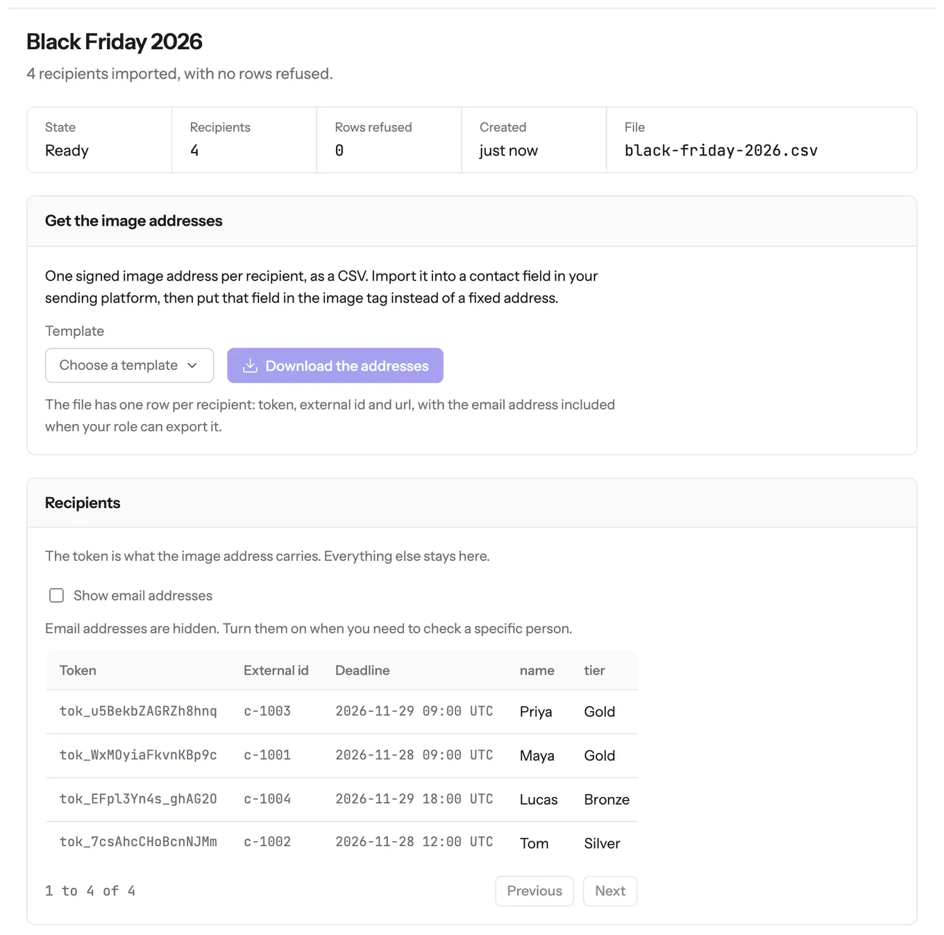 A recipient list named Black Friday 2026 in the dashboard: 4 recipients imported with no rows refused, a panel to download one signed image address per recipient, and a table of tokens, external ids, deadlines and merge values