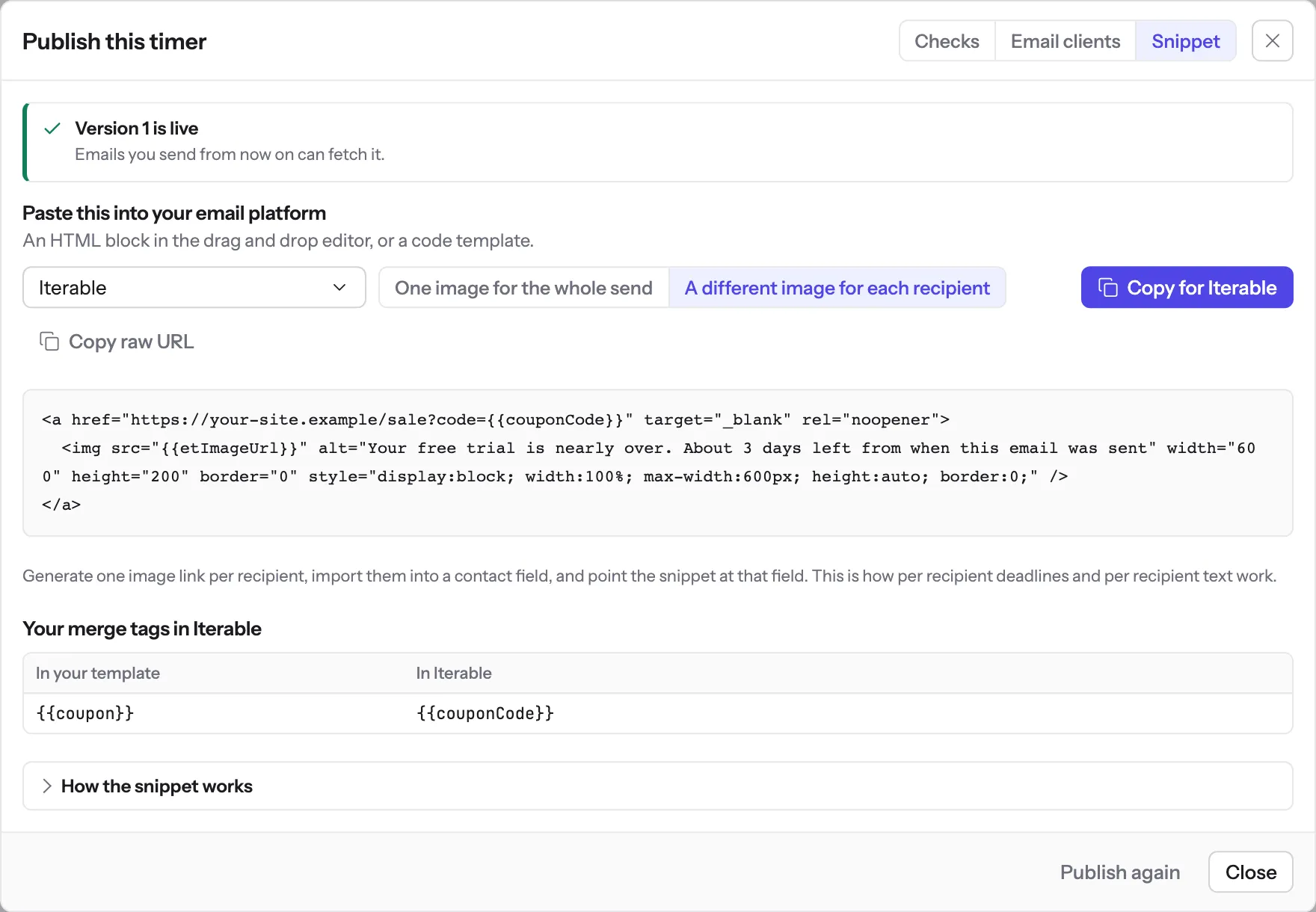 The Snippet tab of the publish dialog with Iterable chosen and A different image for each recipient selected. The code block shows an image tag whose src is the etImageUrl Handlebars field and a link carrying the couponCode field