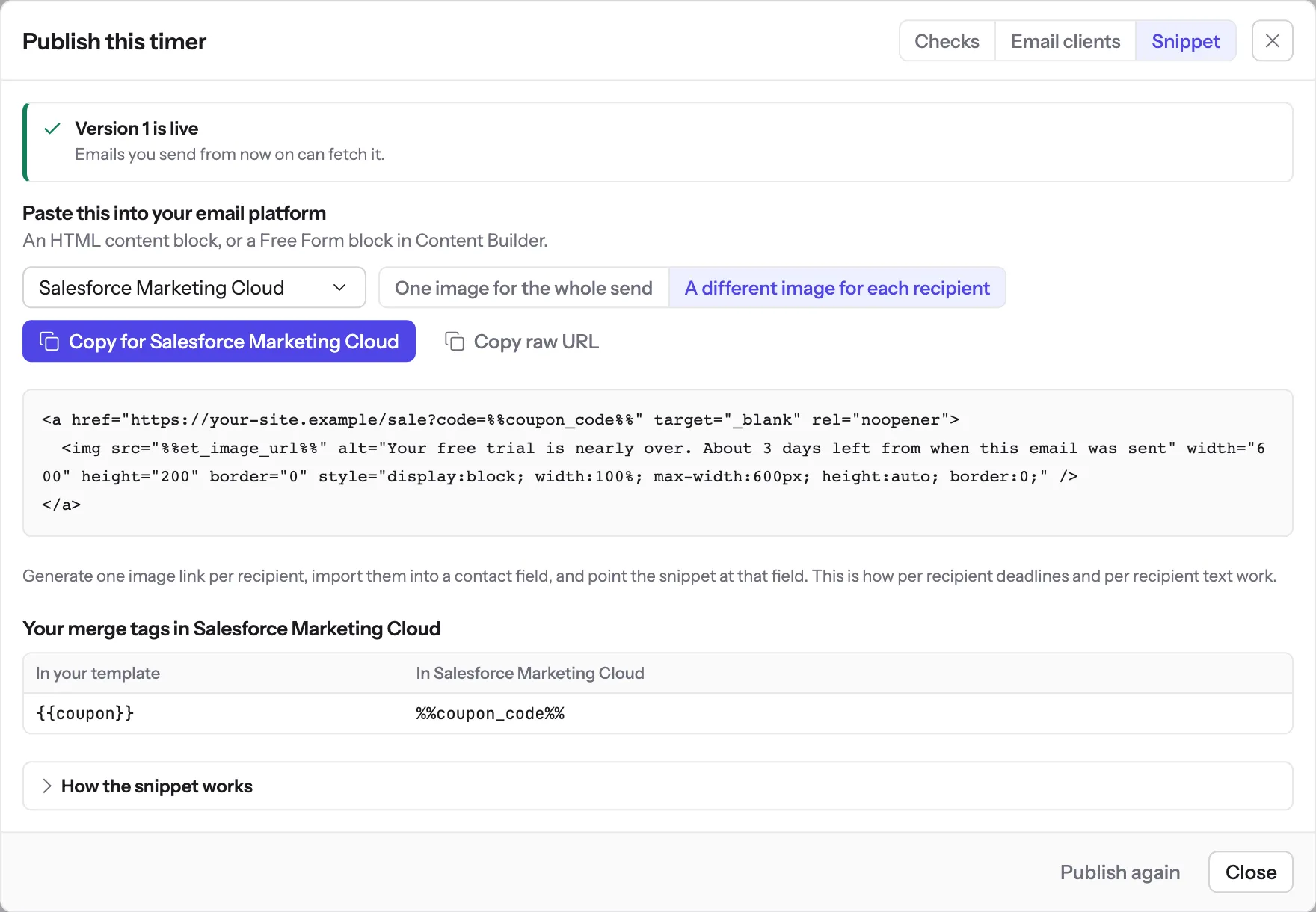 The Snippet tab of the publish dialog with Salesforce Marketing Cloud chosen and A different image for each recipient selected. The code block shows an image tag whose src is the et_image_url personalization string and a link carrying the coupon_code string, and a table maps the template's coupon tag to the Marketing Cloud spelling