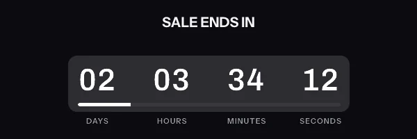 Animated countdown in the bar style, reading 02 days 03 hours 34 minutes 12 seconds and counting down, with a bar draining below