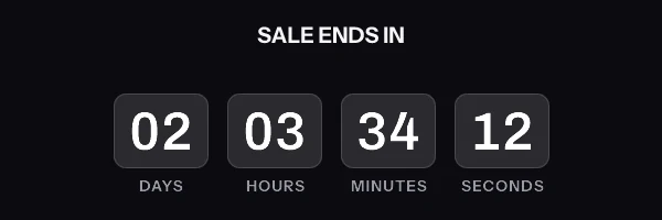 Animated countdown in the blocks style, reading 02 days 03 hours 34 minutes 12 seconds and counting down