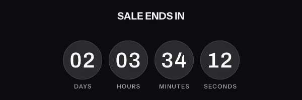 Animated countdown in the circles style, reading 02 days 03 hours 34 minutes 12 seconds and counting down