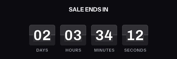 Animated countdown in the flip style, reading 02 days 03 hours 34 minutes 12 seconds and counting down